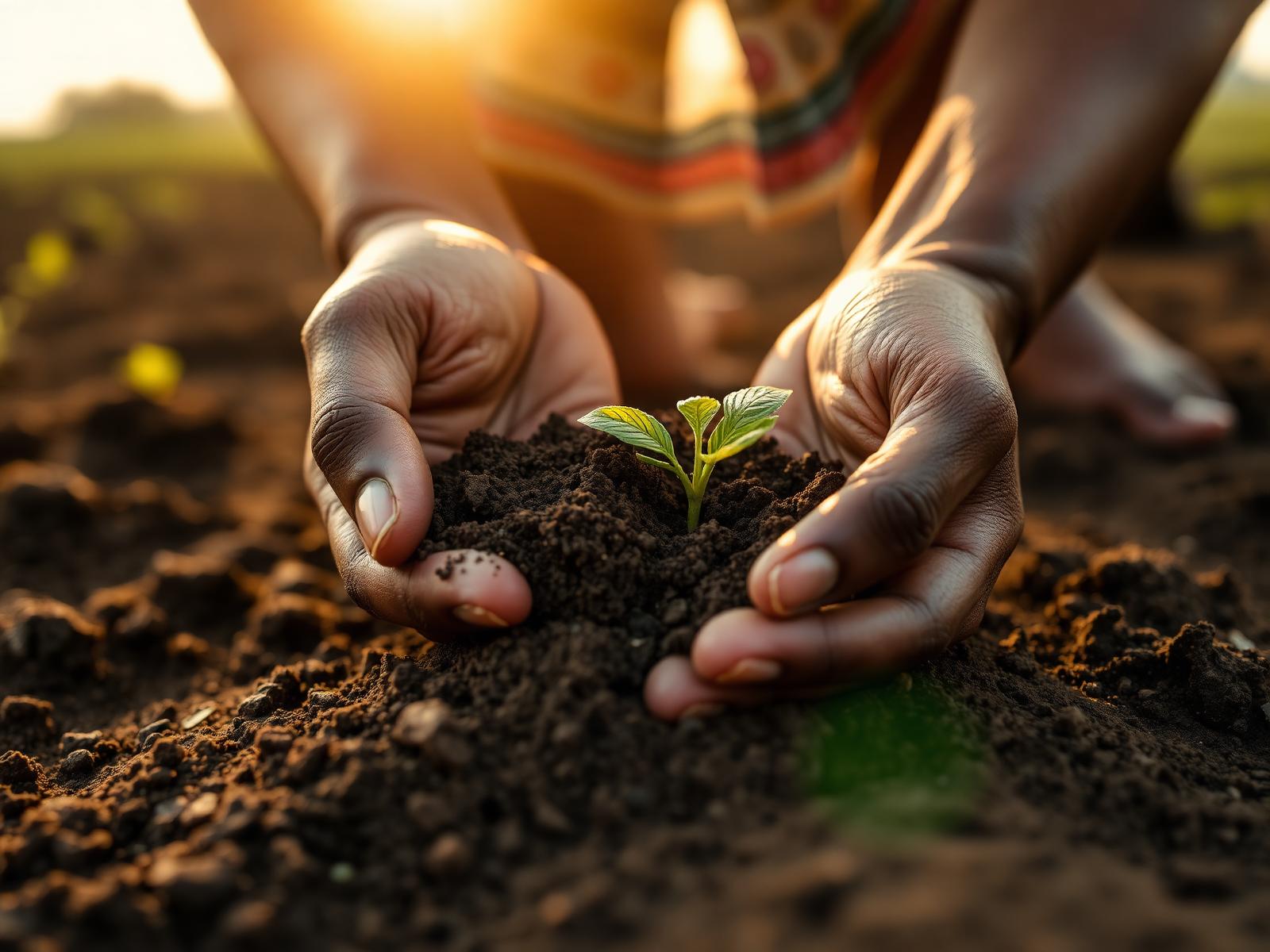 Hands planting a young seedling in rich soil